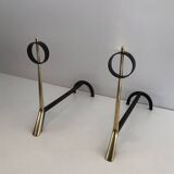 Pair of modernist bronze and wrought iron andirons