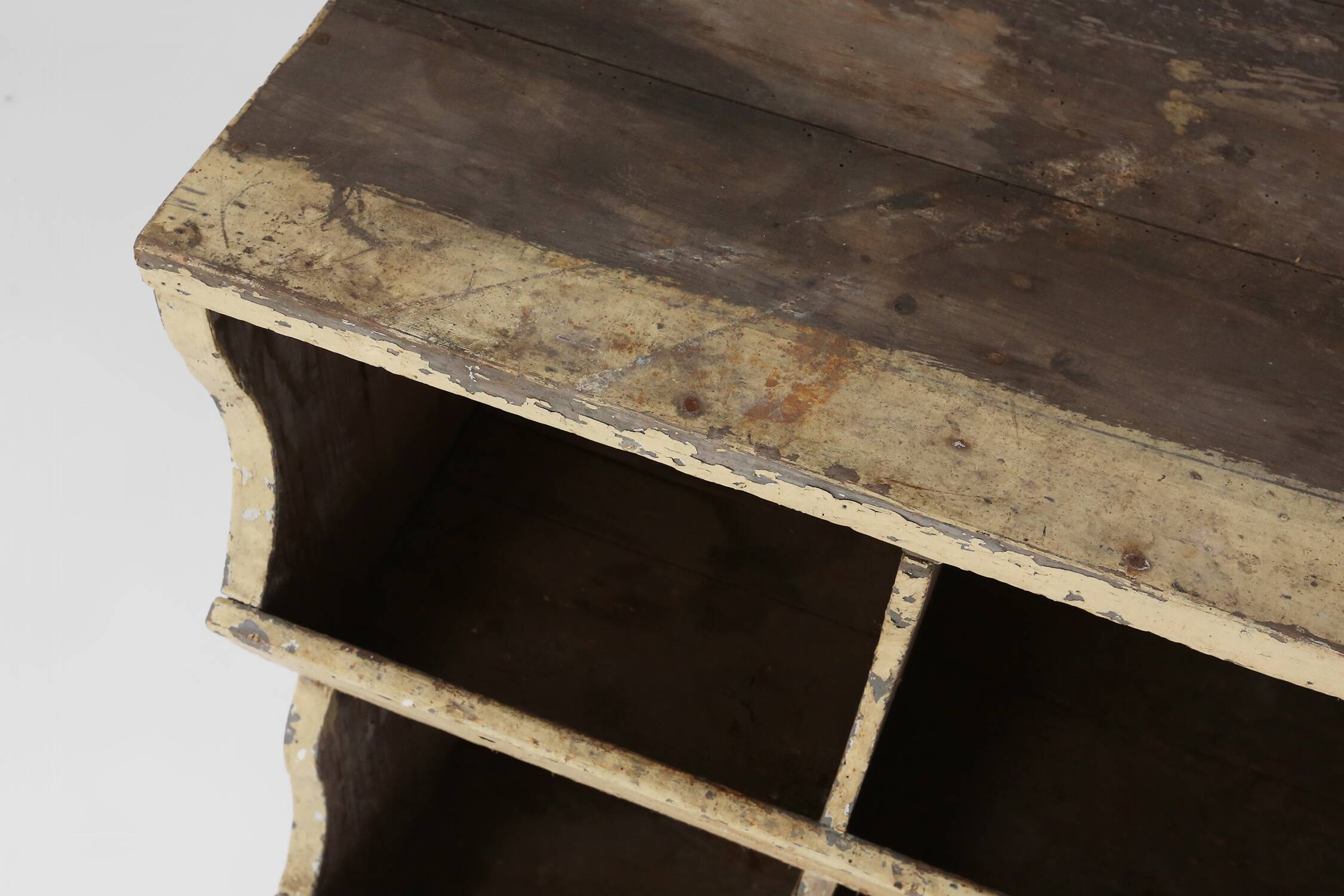 Unique industrial lacquered compartment cabinet with rich patina, France, 1890