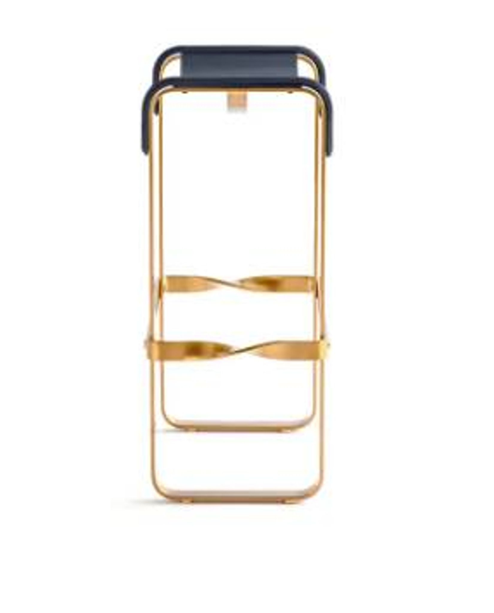 Pair of blue metal and brass stools without a backrest.