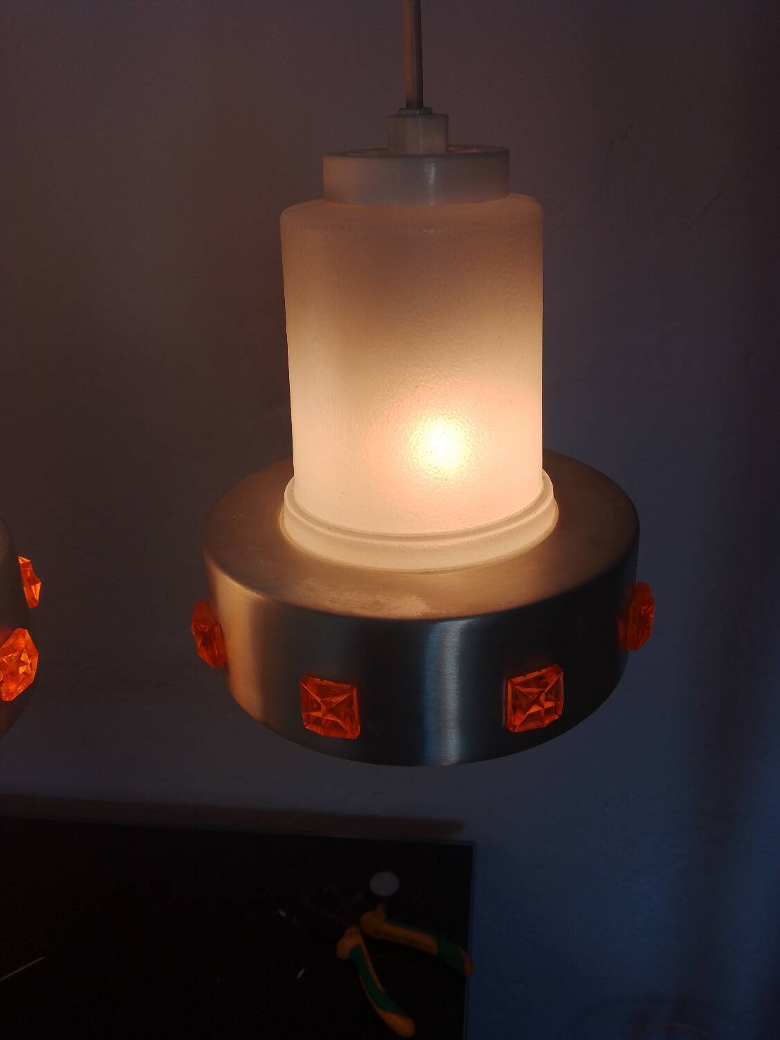 Pair of 1970s Space Age glass and aluminum lamps