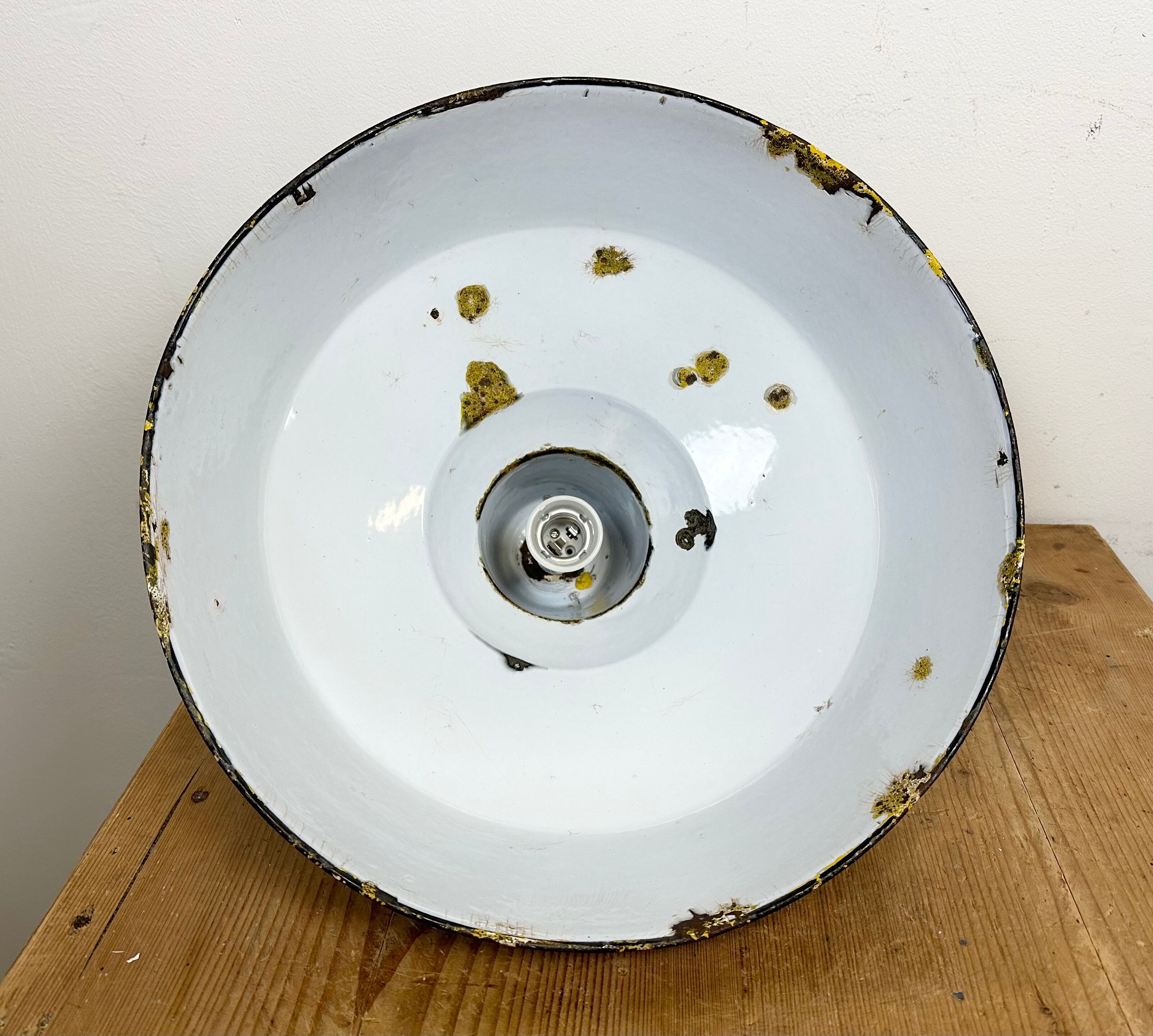 Industrial black enamel factory lamp with iron top, 1960s