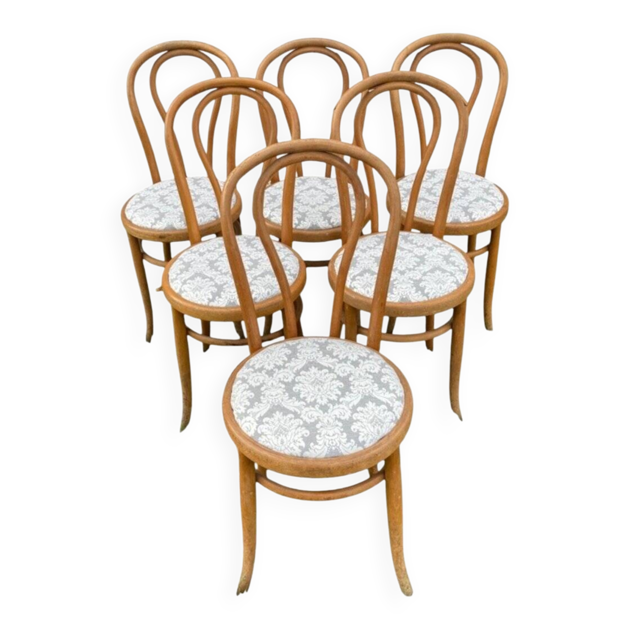 6 Bistro Chairs Fischel Thonet Bent Beech Damask Fabric