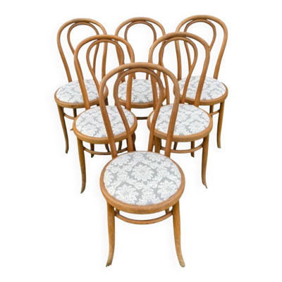 6 Chaises Bistrot Fischel Hêtre Courbé Tissu Damassé