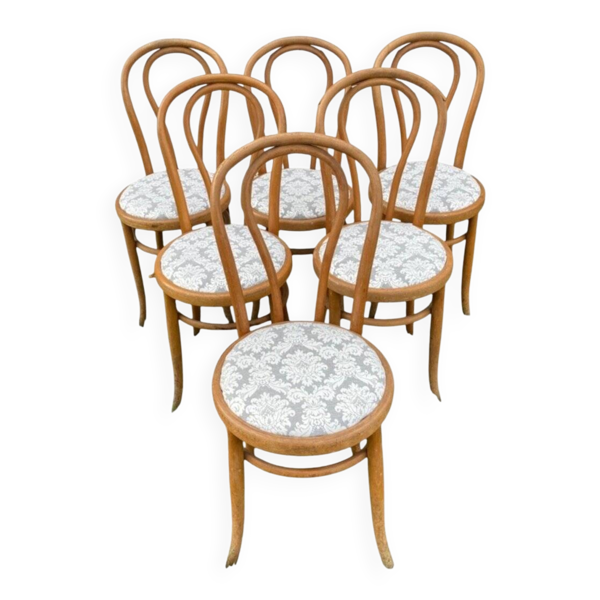 6 Chaises Bistrot Fischel Hêtre Courbé Tissu Damassé