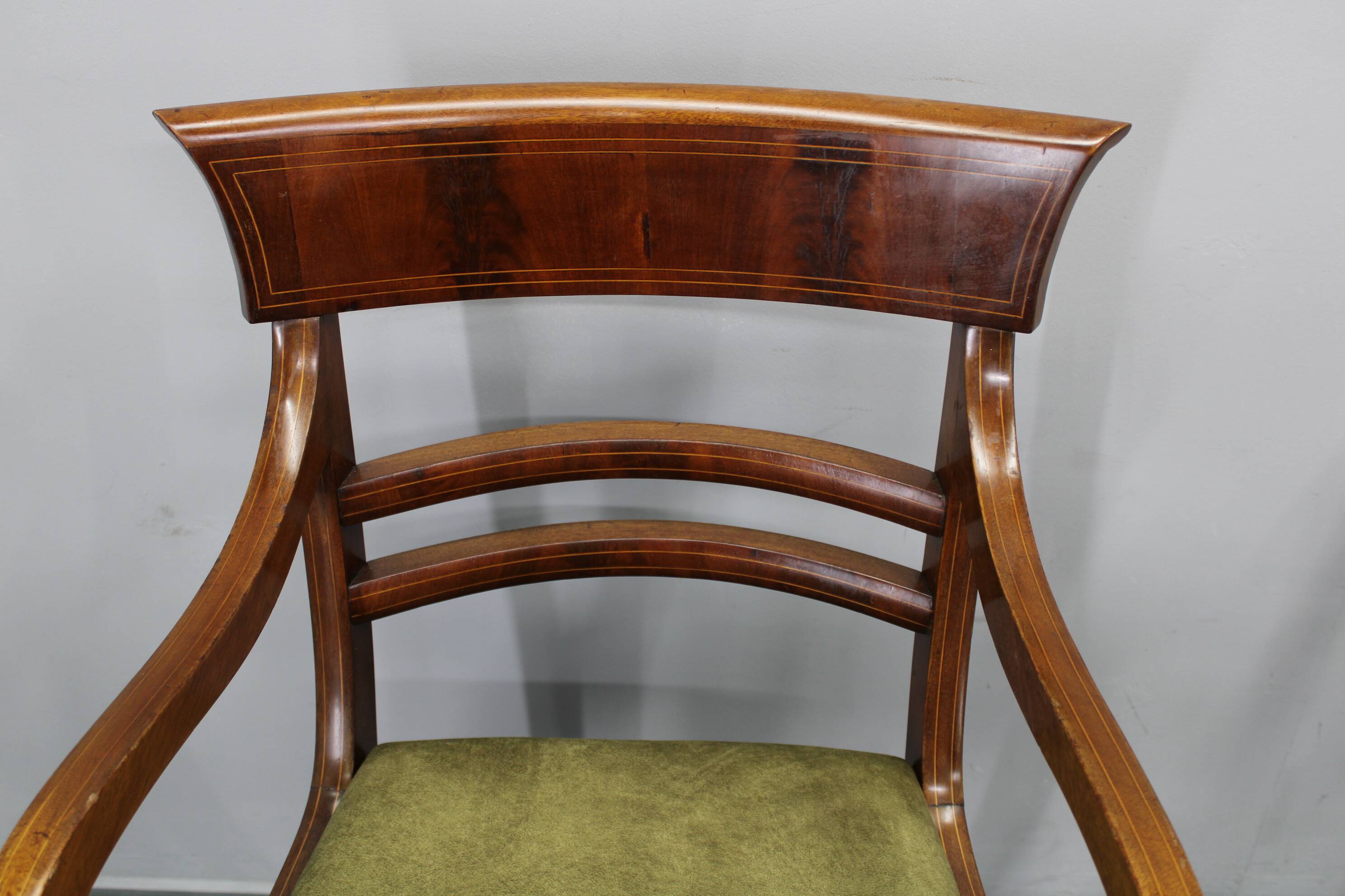 French Art Deco walnut dining chair set with armchairs, France 1930s