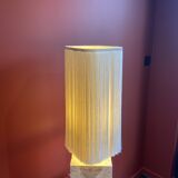 Beige marble stucco base, Houles white ecru fringed lampshade.