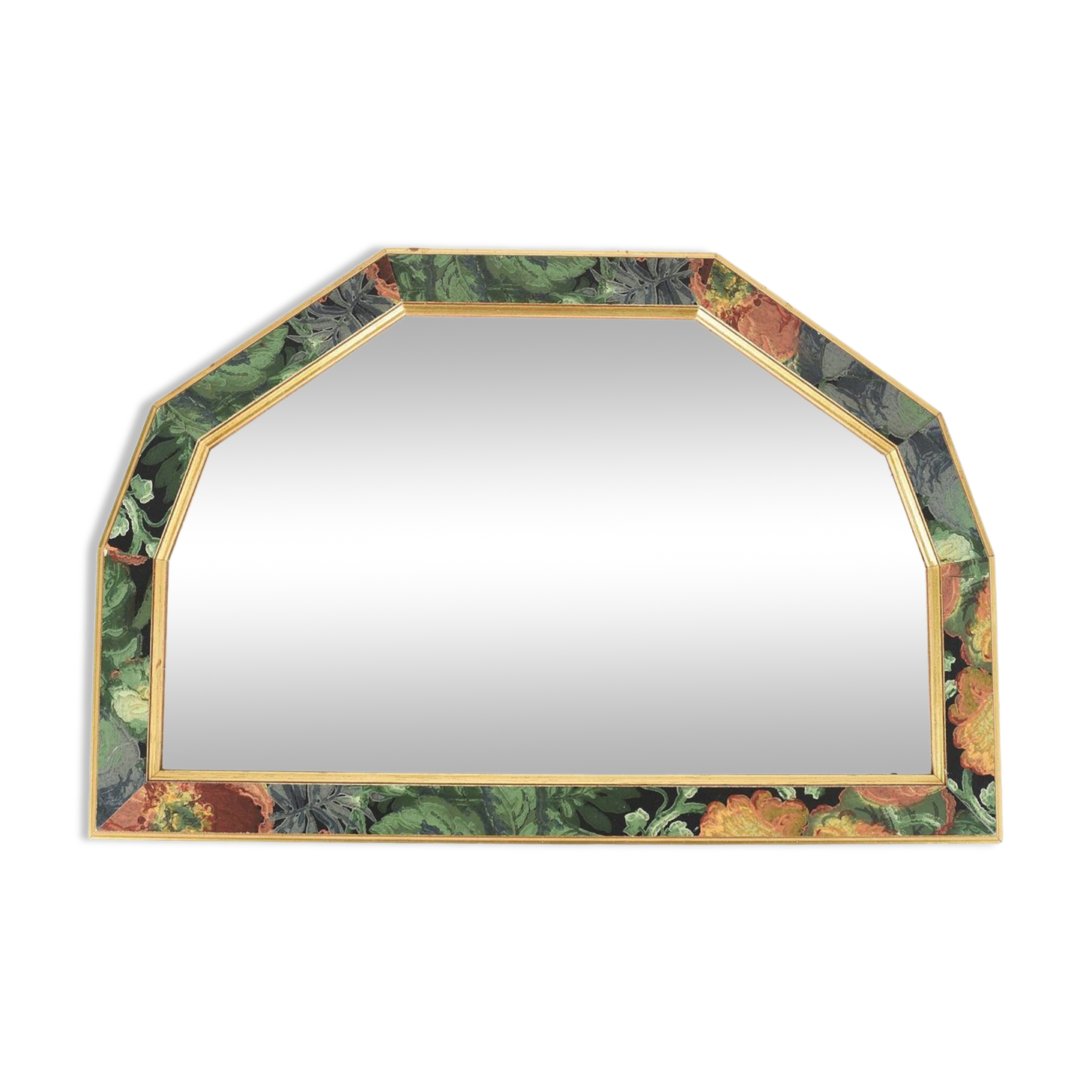 Old vintage octagonal mirror, floral patterns, green and gold