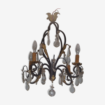 Chandelier iron hammered 4 lights hanging crystal pendants