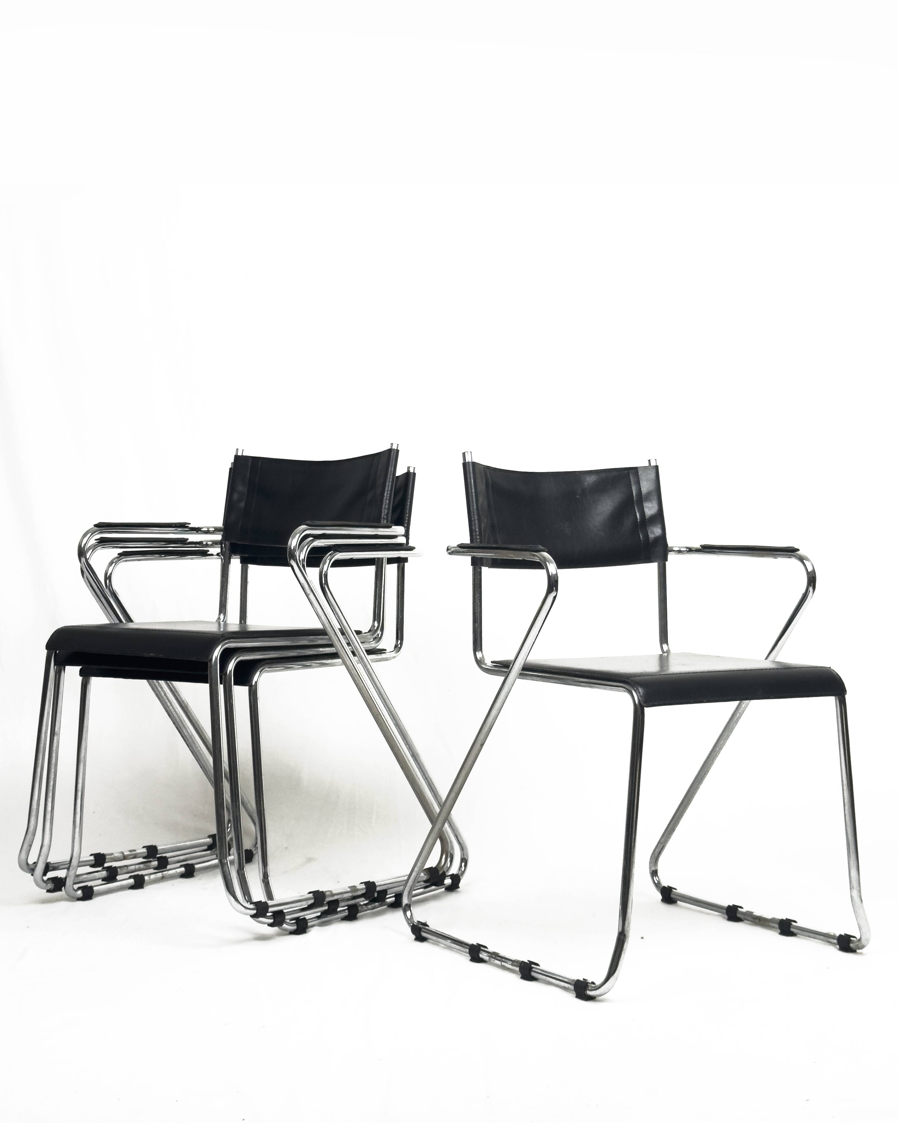 Vintage Cantilever Black Leather and Chrome Armchair , Set of 4