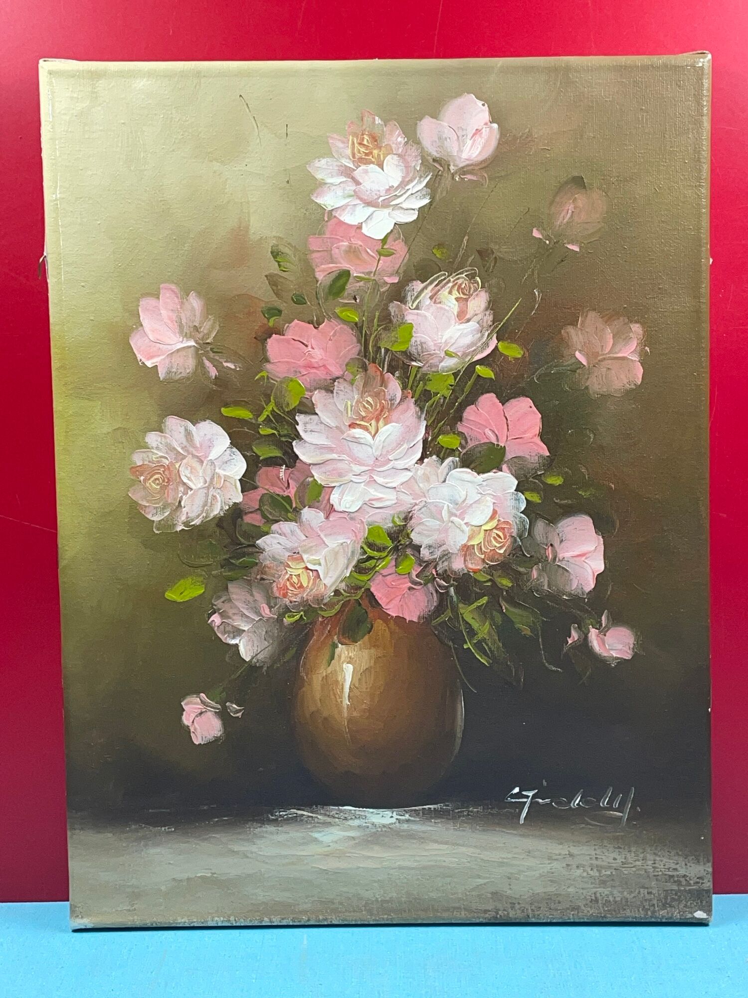 Vase au bouquet, signature à identifier, huile sur toile