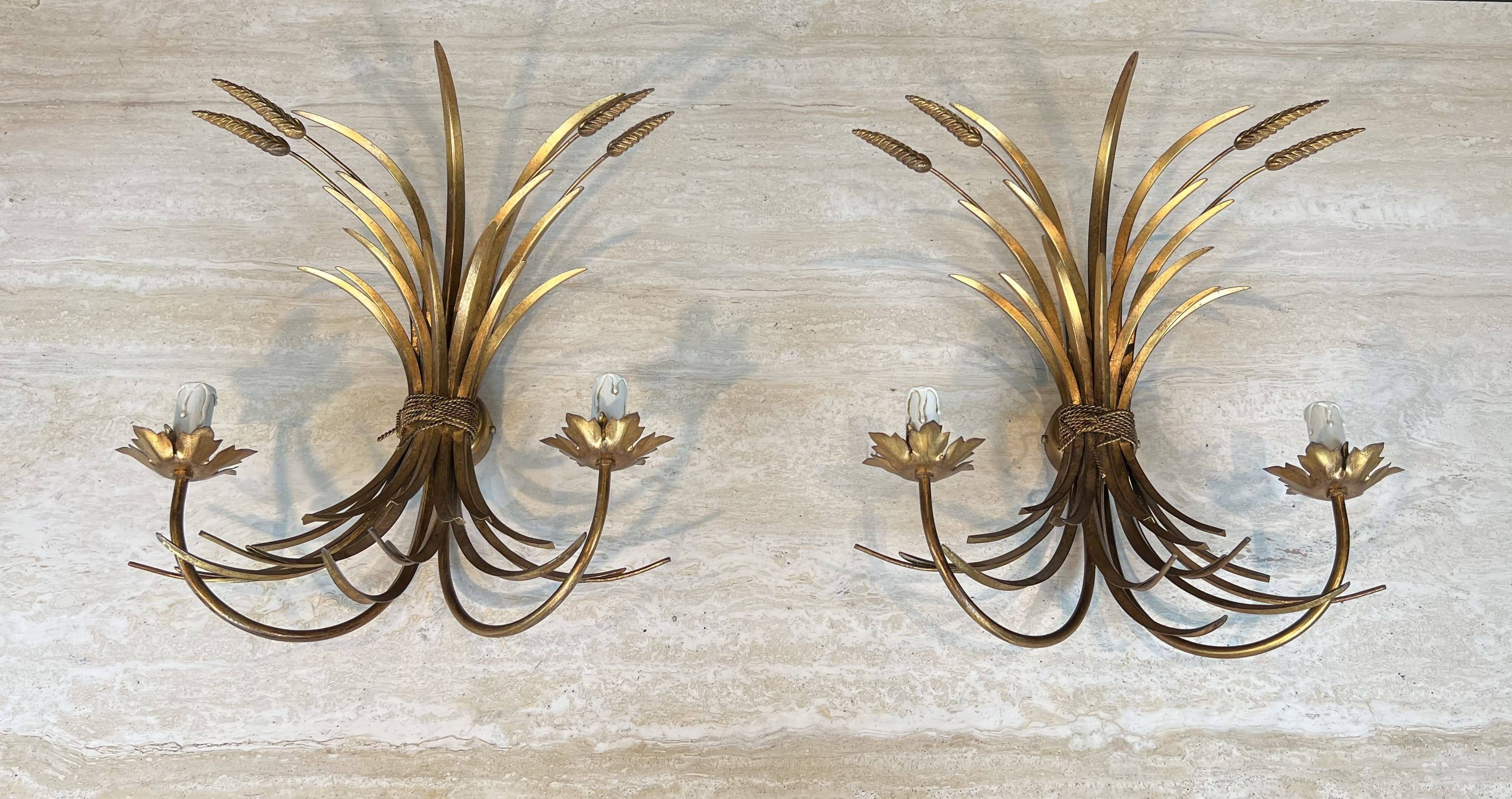 Pair of Golden Metal Wall Lights with Wheat Sheaf Decoration, Circa 1970