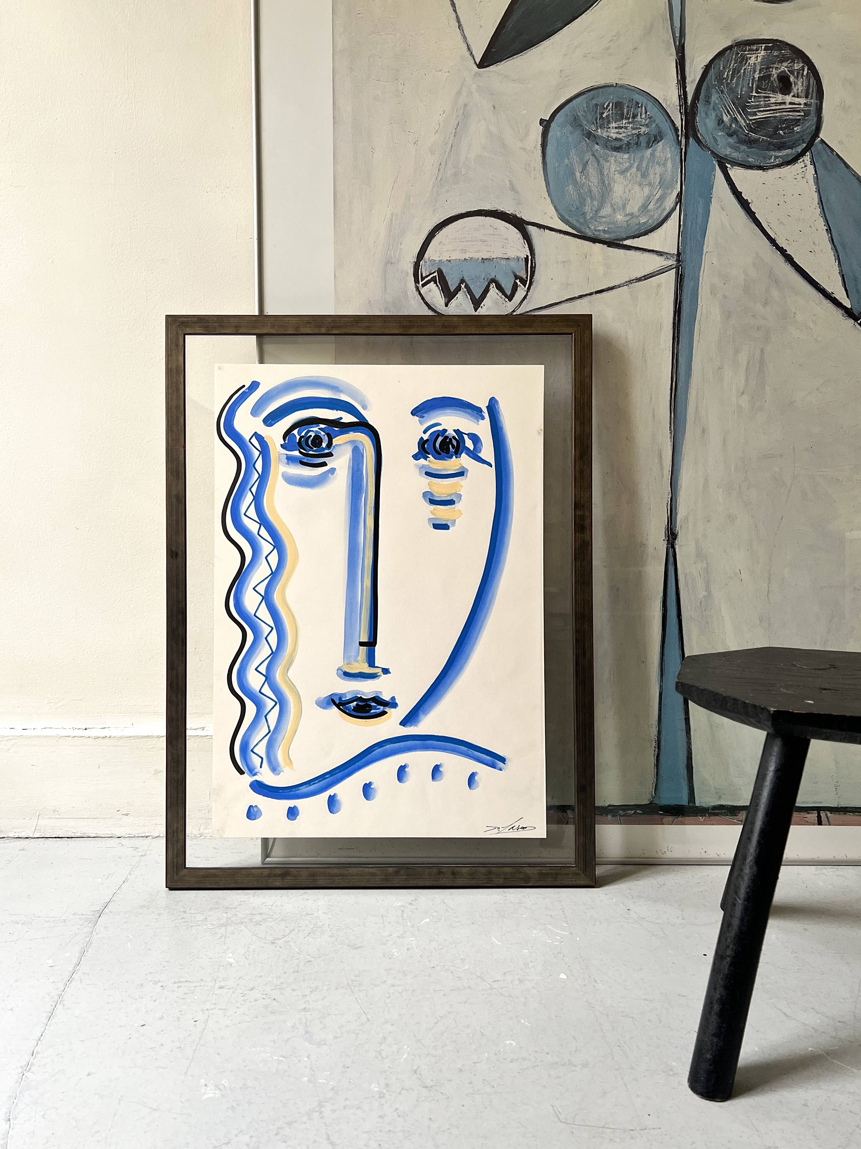 Cubist composition in blue, Vallauris style, signed Blasos.