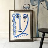 Cubist composition in blue, Vallauris style, signed Blasos.