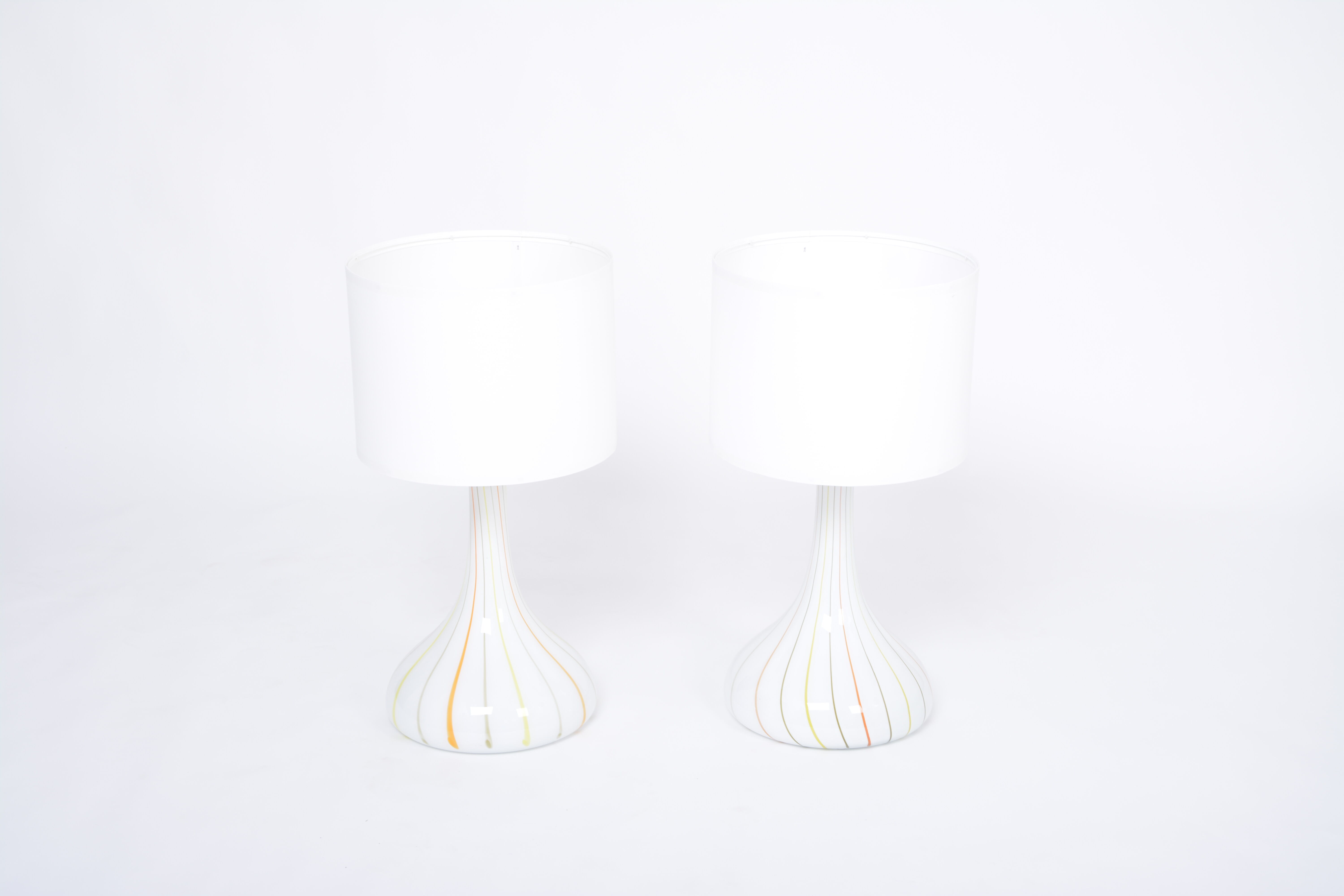 Pair of 1970s tall White Glass Table Lamps model "Candy" by Holmegaard