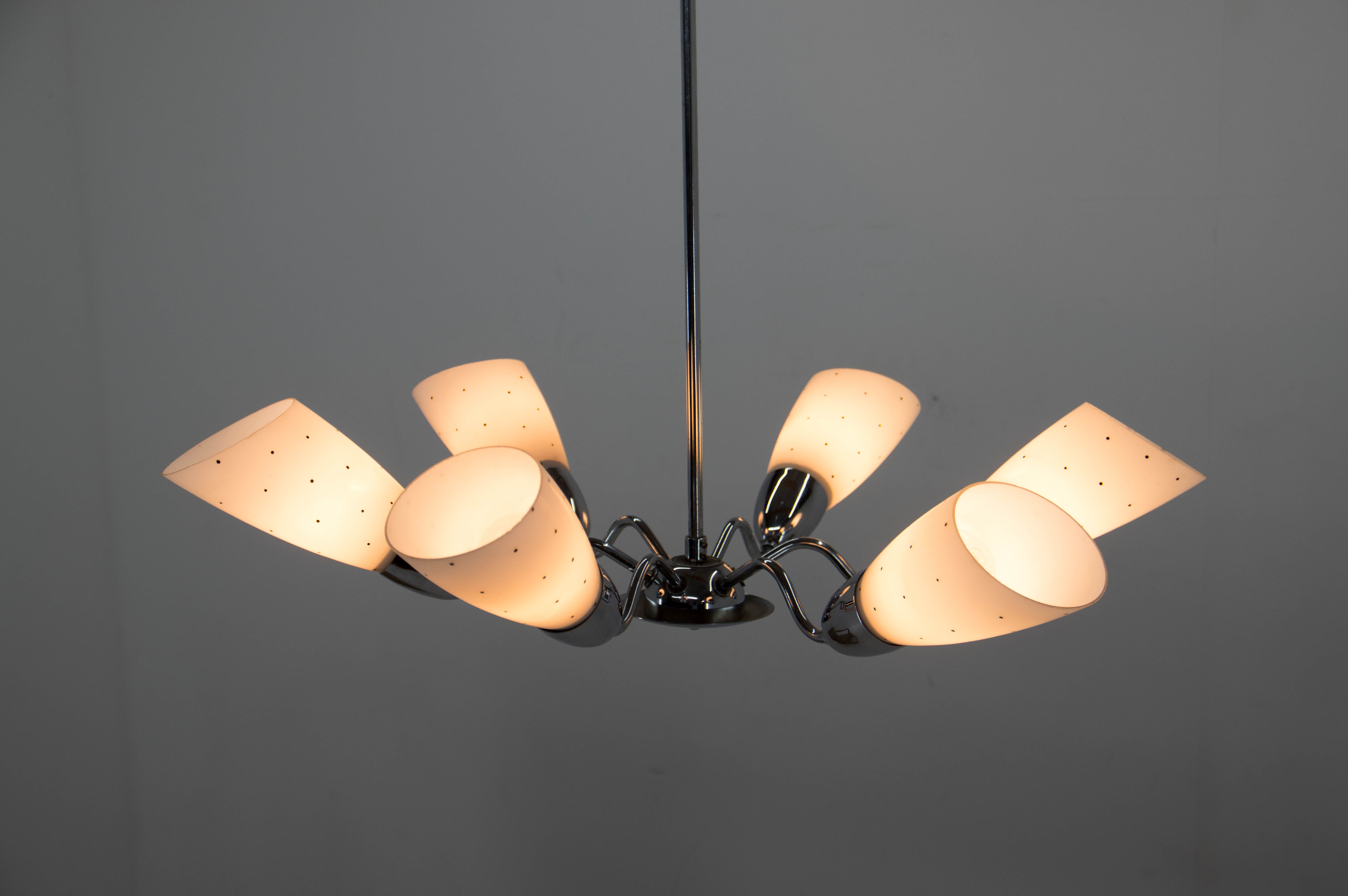 Mid-Century Chrome-Plated 6 Flamming Chandelier by Instala Decin, 1950s