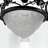 Wrought iron chandelier, tulips / pressed-molded glass bowl, Art Deco, 1930