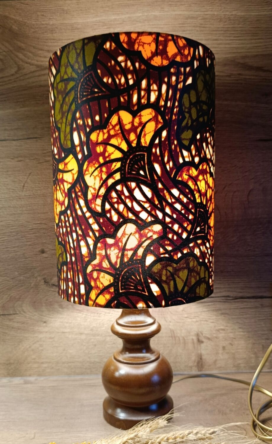 rustic chic turned wooden lamp, ethnic African wax lampshade