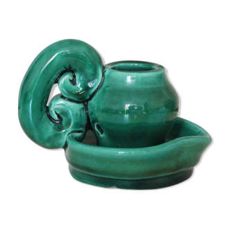 Vintage green slip ceramic candle holder