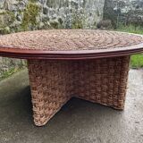 Table basse et 3 tabourets en corde 1970