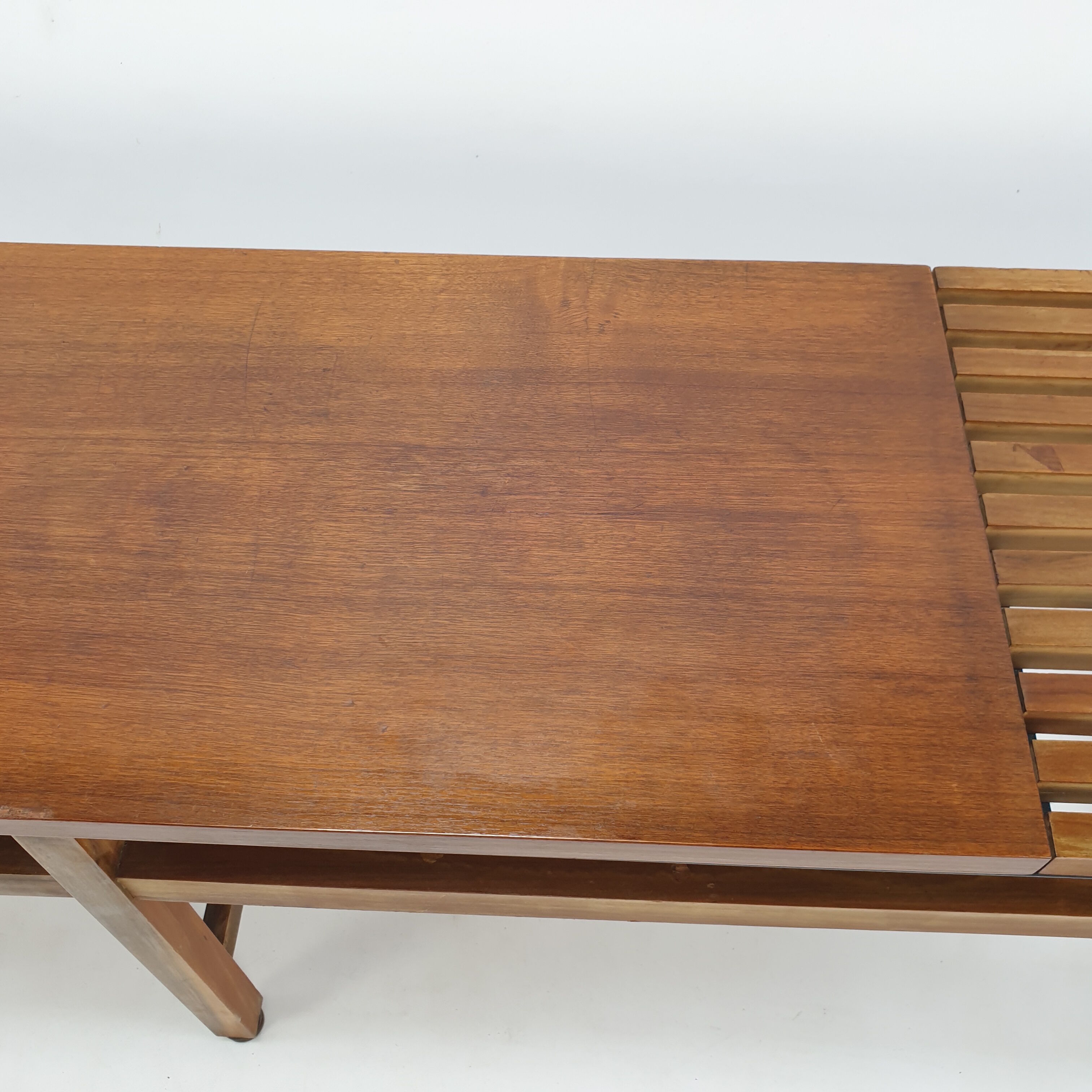 Bench in walnut and teak with brass feet, italy 1950s