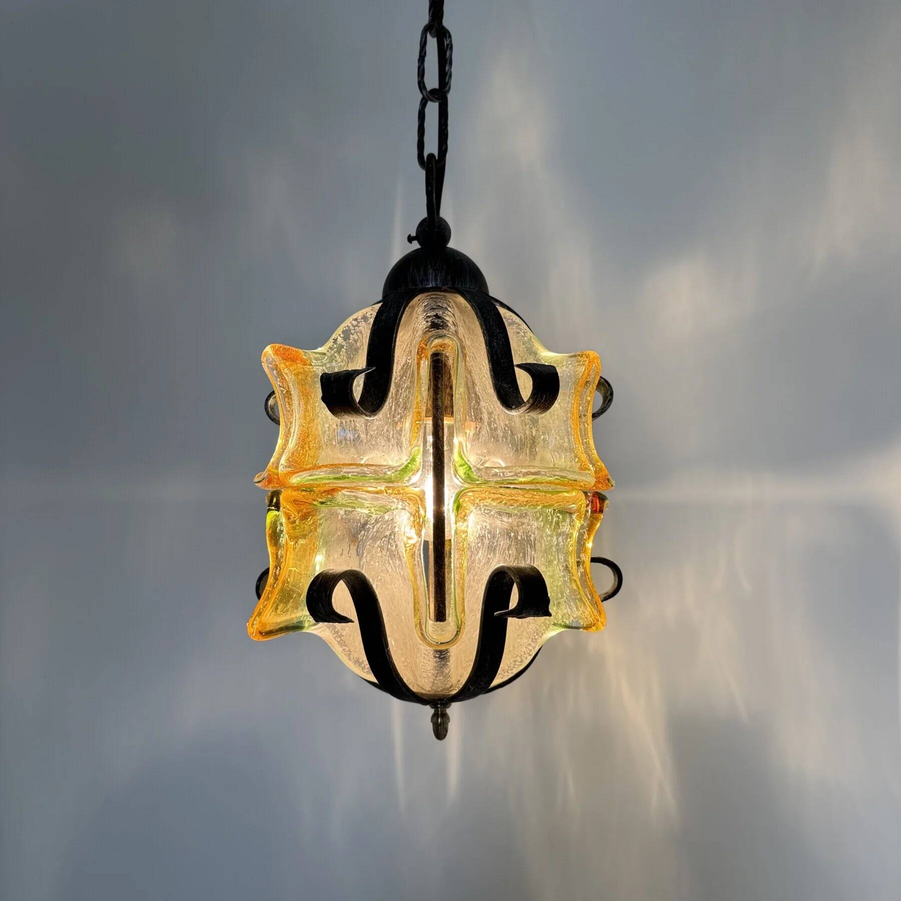 Brutalist glass and iron hanging lamp, 1970s