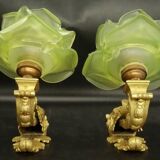 Paire d'appliques style Louis XV du XIXe - bronze & tulipes vertes