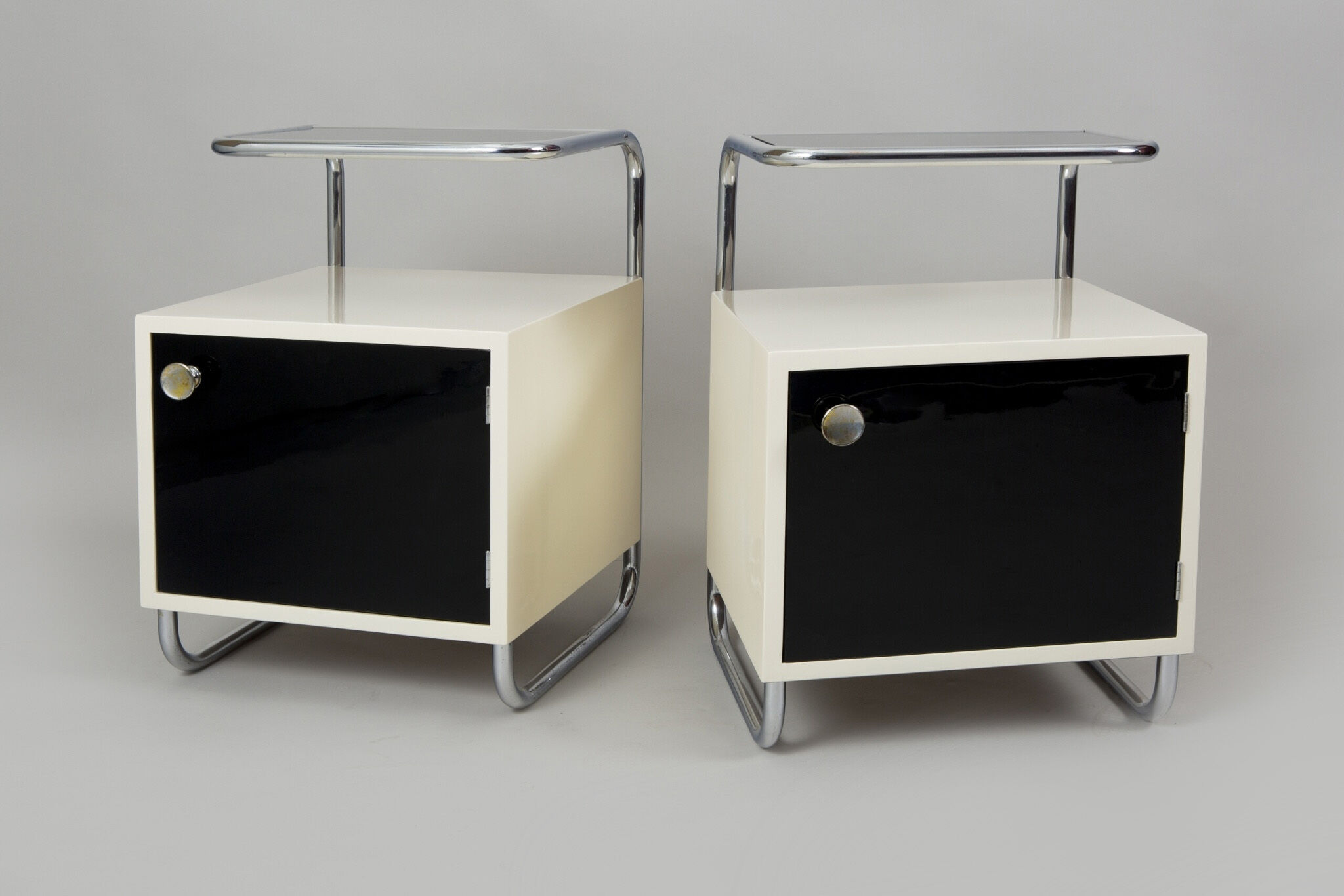 Pair of Black and white bed side tables made in 1940s Czechia