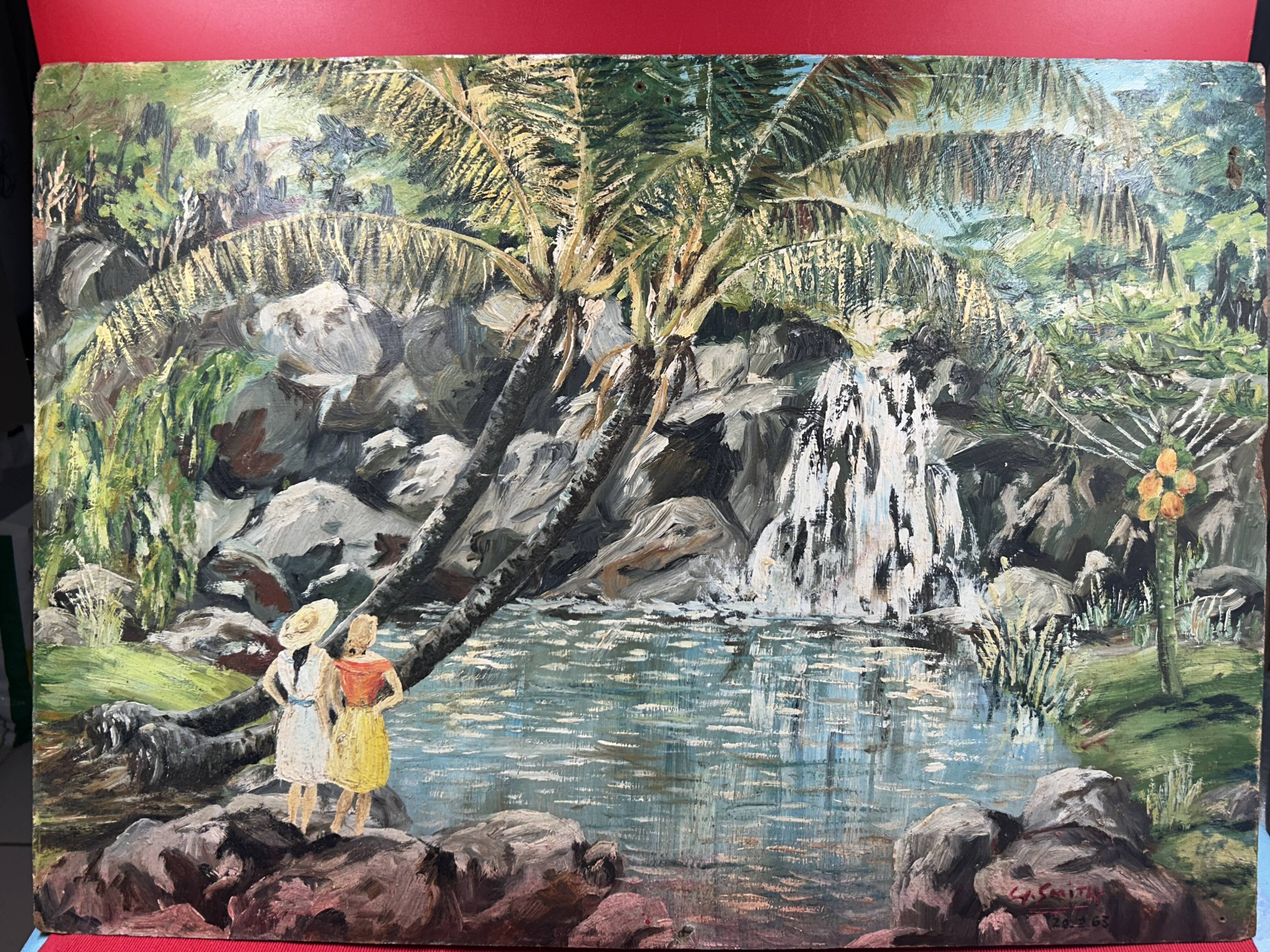 oil on panel Luxurious Waterfall Langevin La Réunion signed Smith