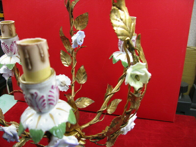 Golden cage iron chandelier 3 leafy arms of light adorned with porcelain flowers