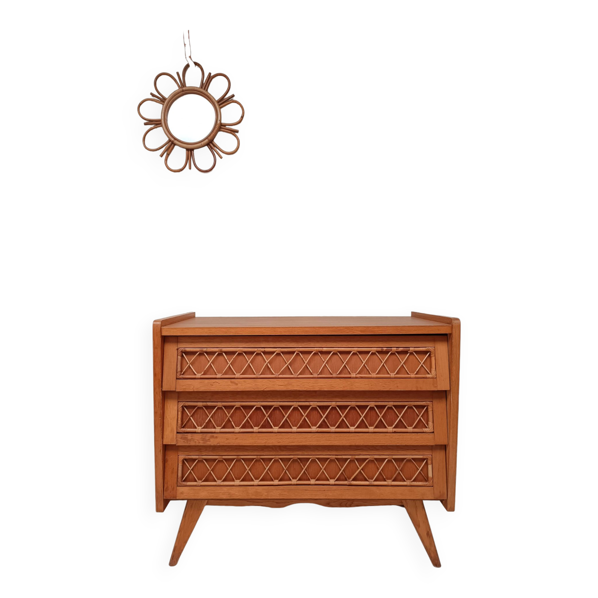 Vintage wood and rattan chest of drawers