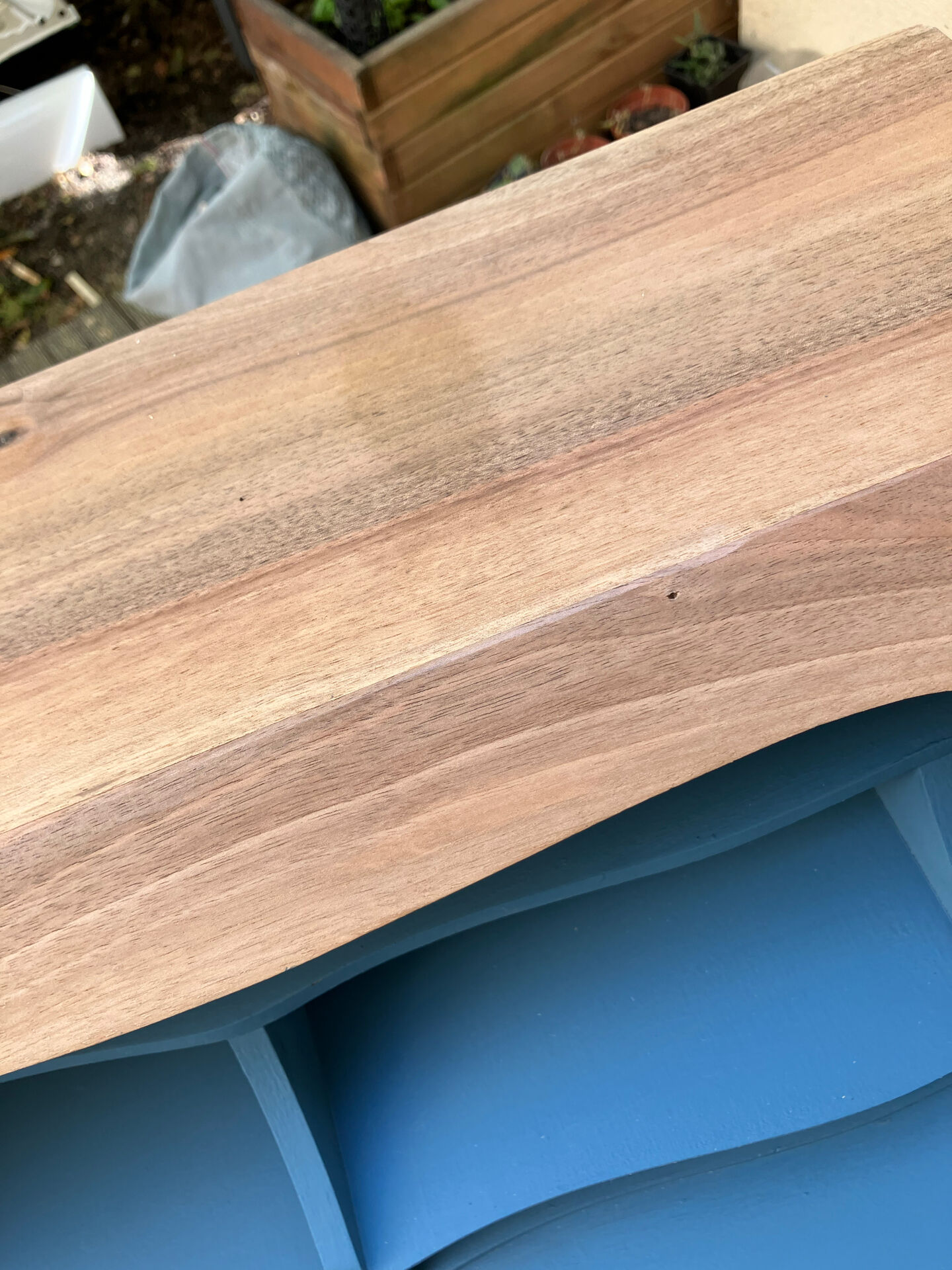Restored antique drop-leaf secretary – natural wood & midnight blue