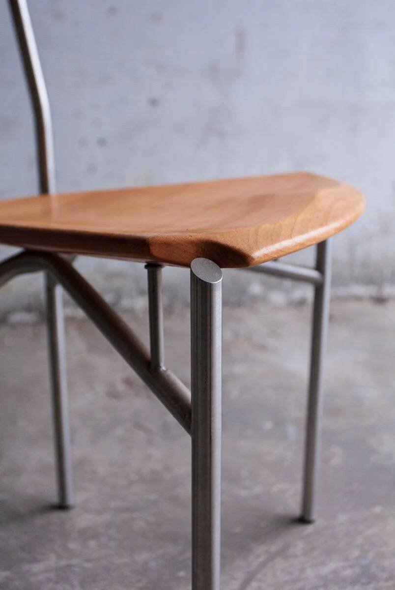 Set of 4 Zumsteg Chairs — Light Wood Seats with Grey Metal Tubular Frames, Postmodern Industrial