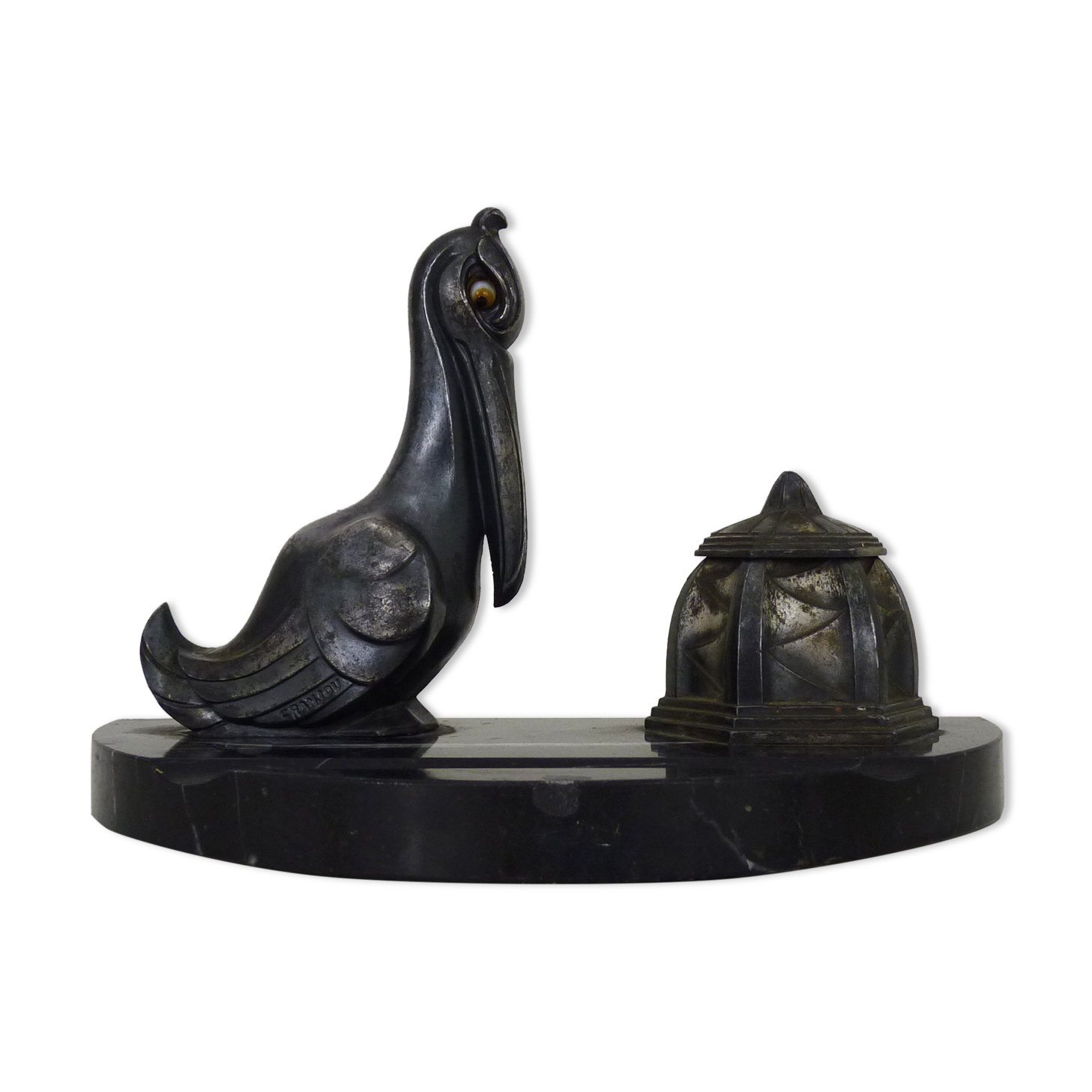 Regulated inkwell and marble signed Franjou pelican art deco