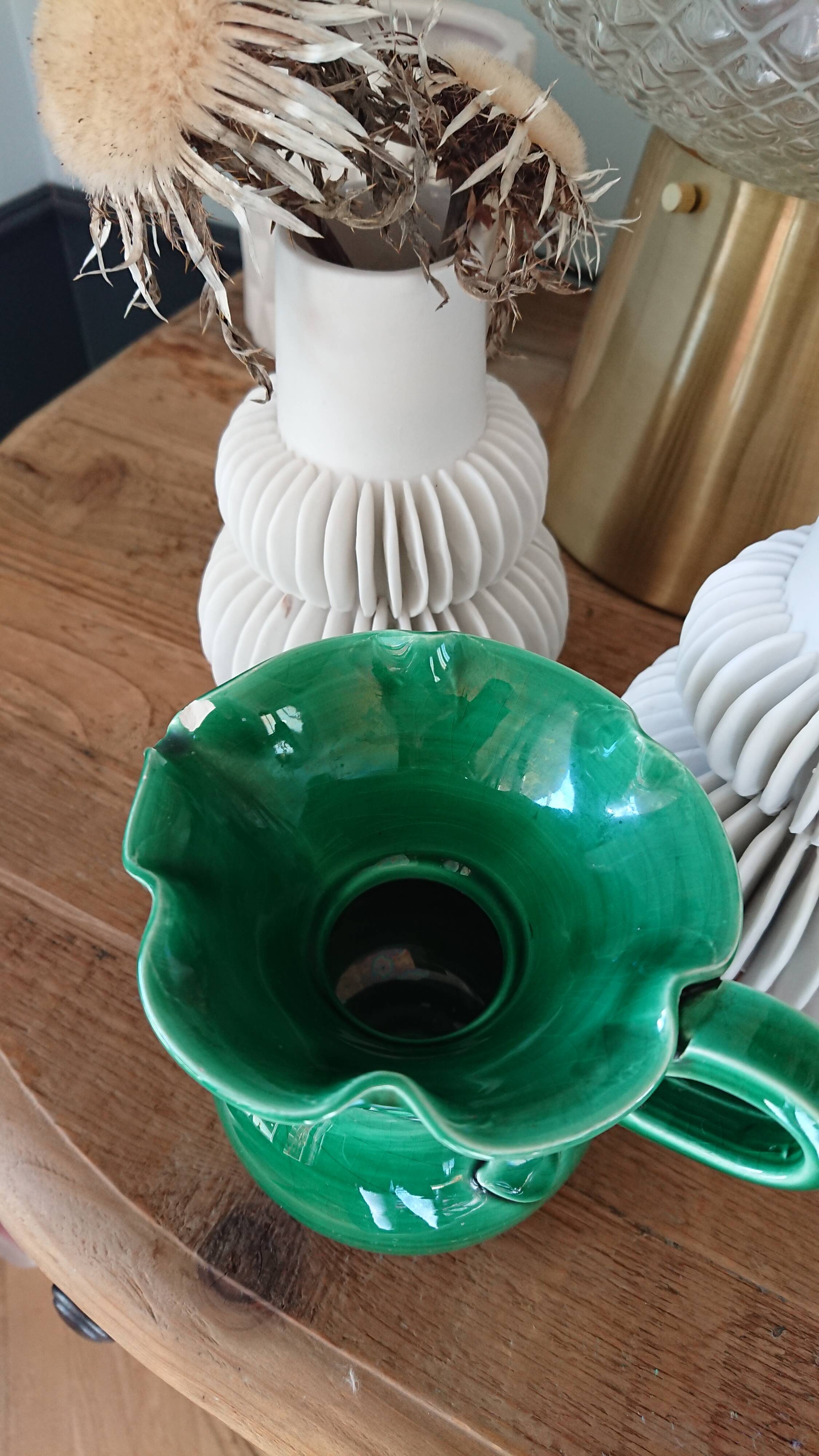 Pitcher signed Cerenne Vallauris in green ceramics