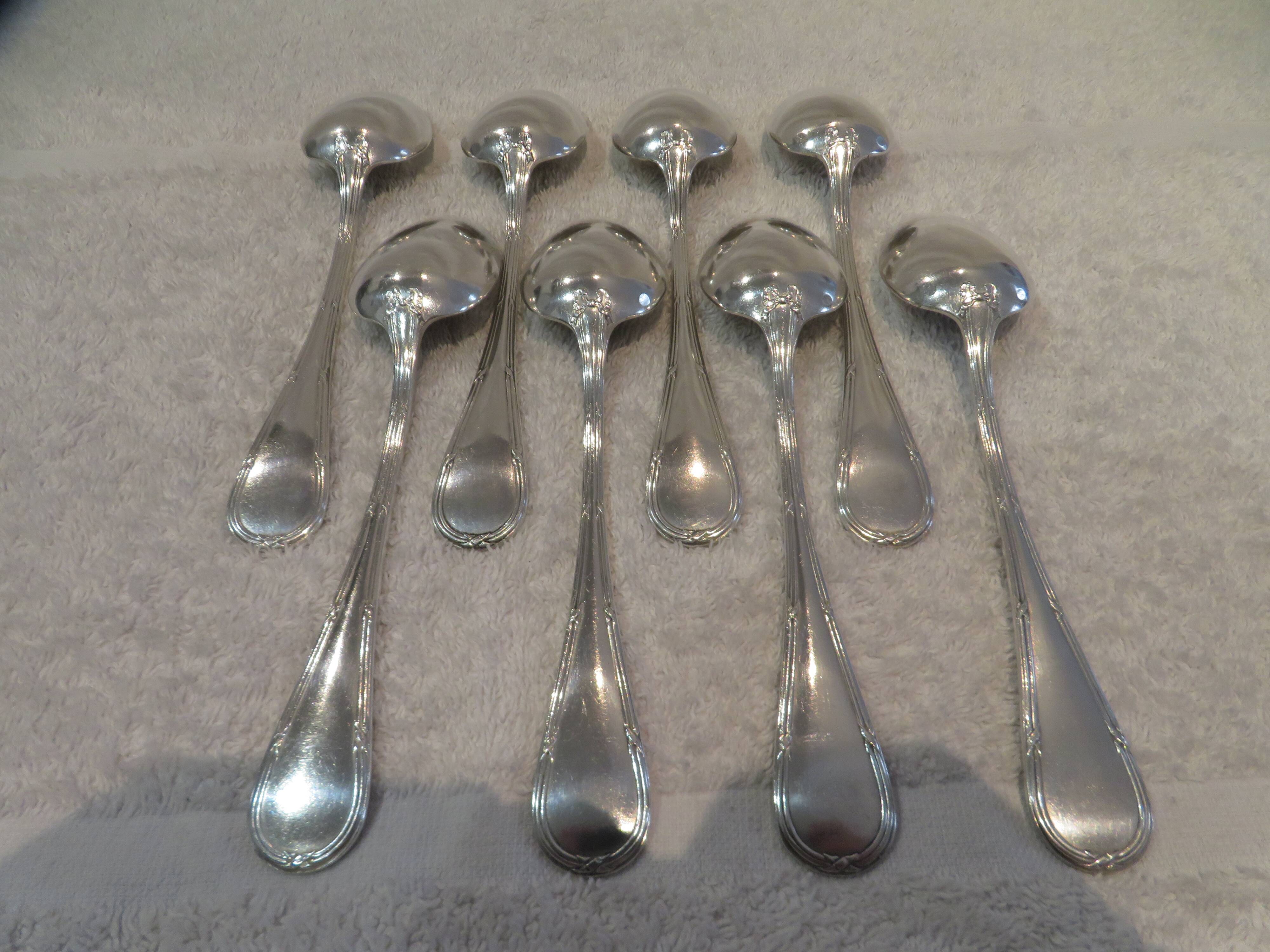 8 Louis XVI style silver plated dessert spoons with Mornier rushes 18.6cm