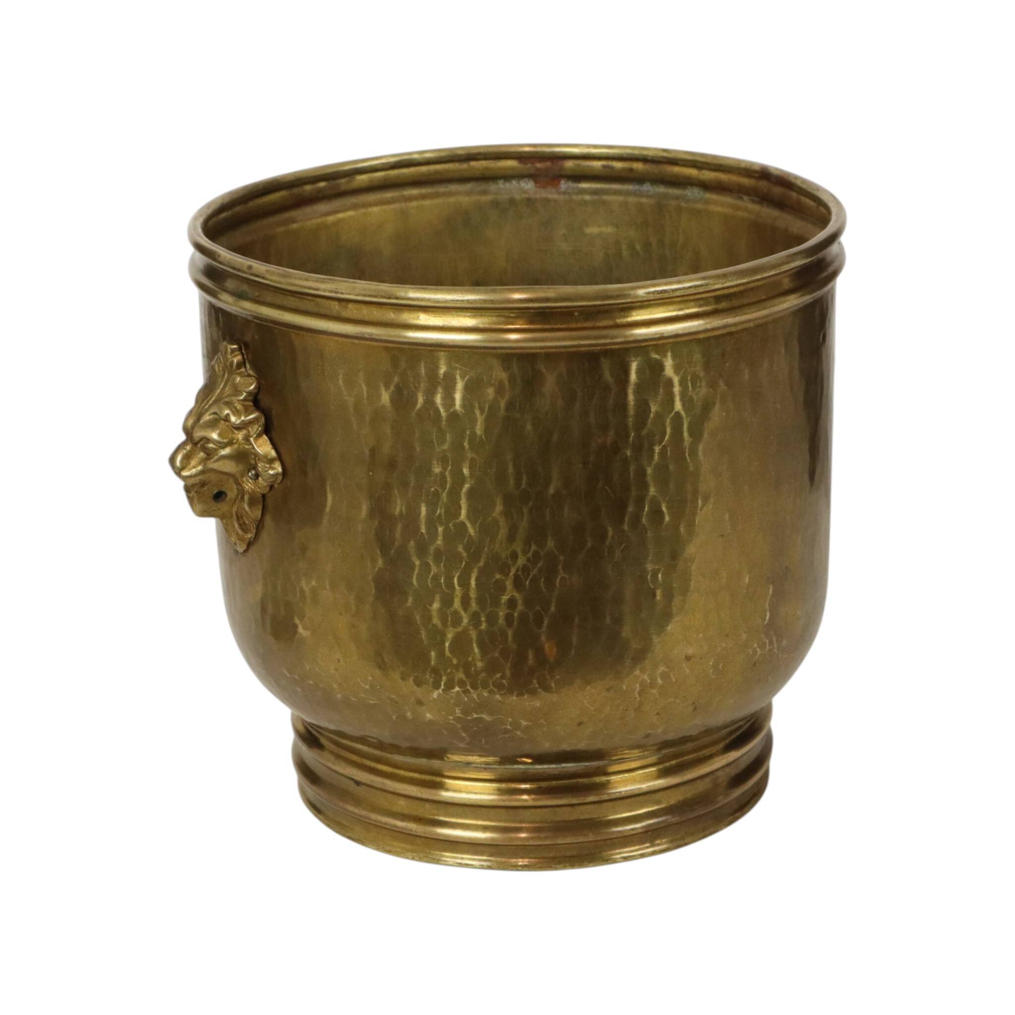 Large Hammered Brass Jardinière/Planter with Lion Heads