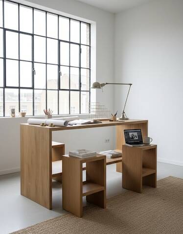 Office set, console and 2 stools in solid oak.