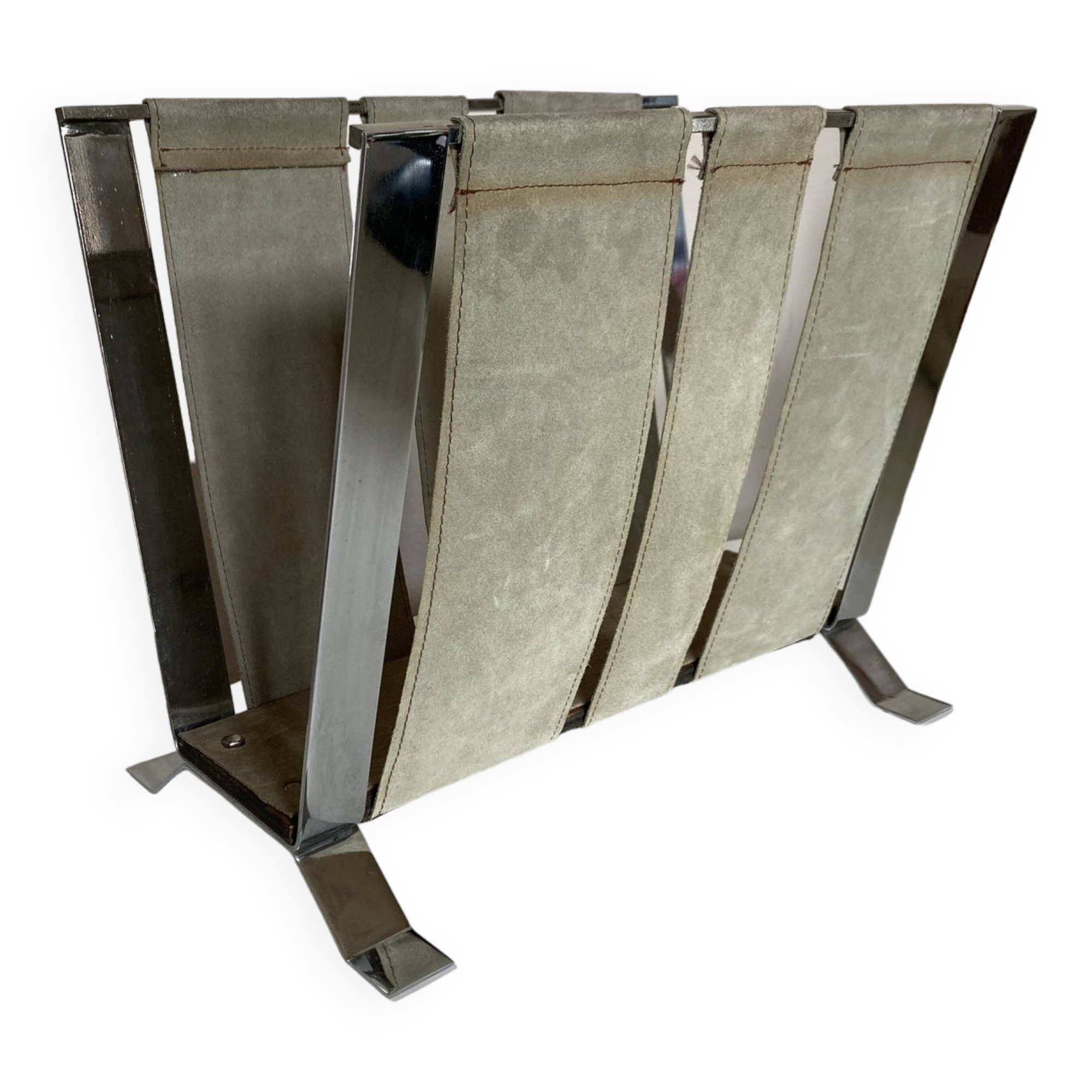 Chrome and suede calfskin magazine rack 1970