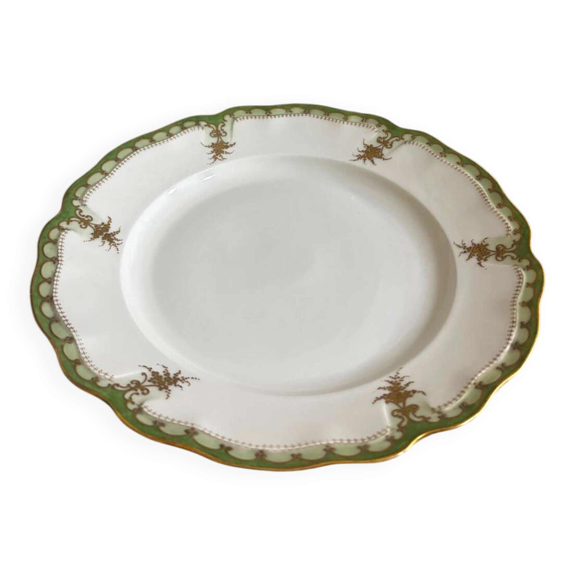 Vintage large round green porcelain serving platter with gold trim from Lim