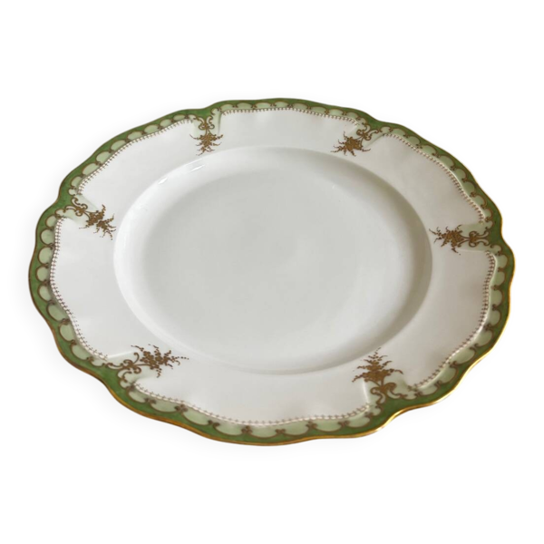 Vintage grand plat de service rond vert à dorures en porcelaine de Lim