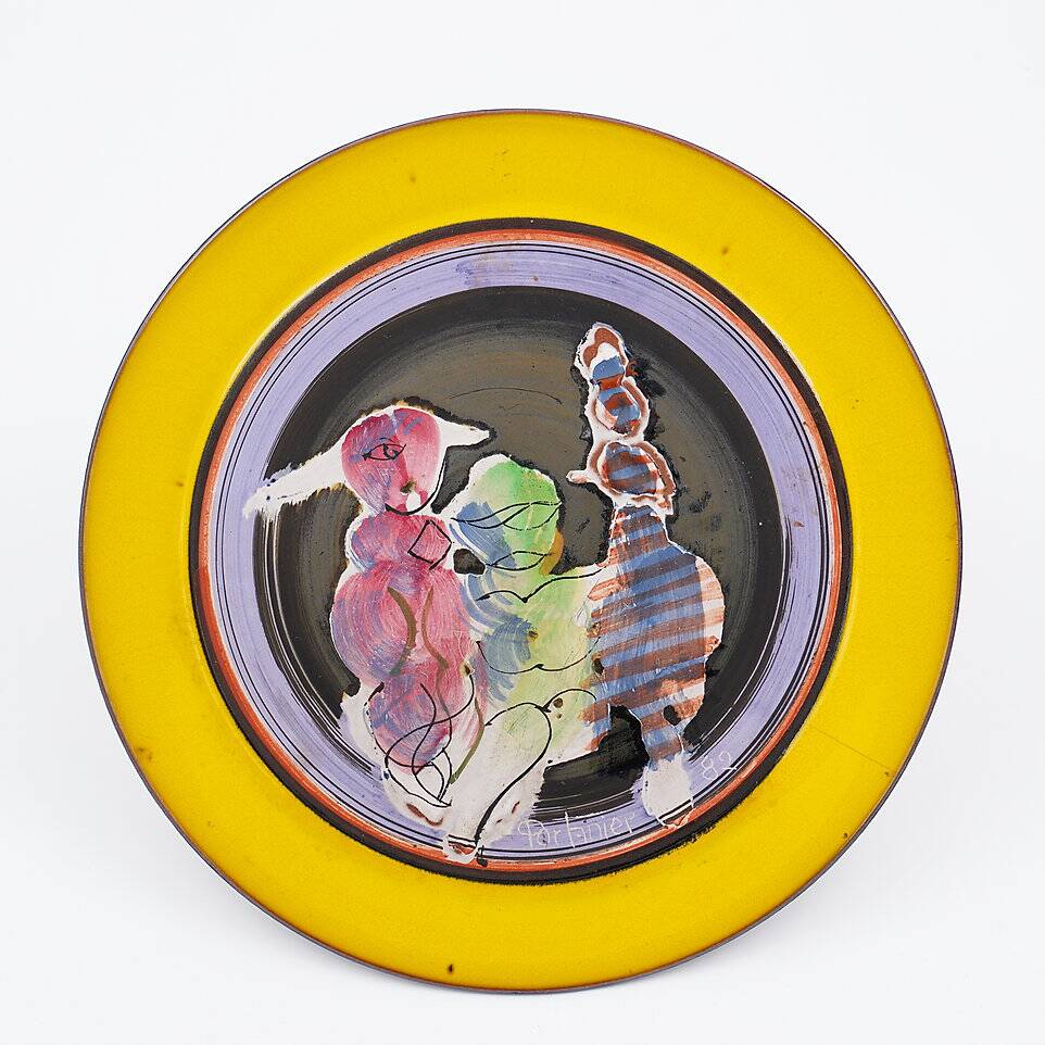 Gilbert Portanier Unique Art Yellow Pottery Plate Signed - 1982 - Vallauris