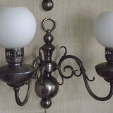 Pair of vintage French silvered Flemish wall sconces, double, with white glass shades 5006.