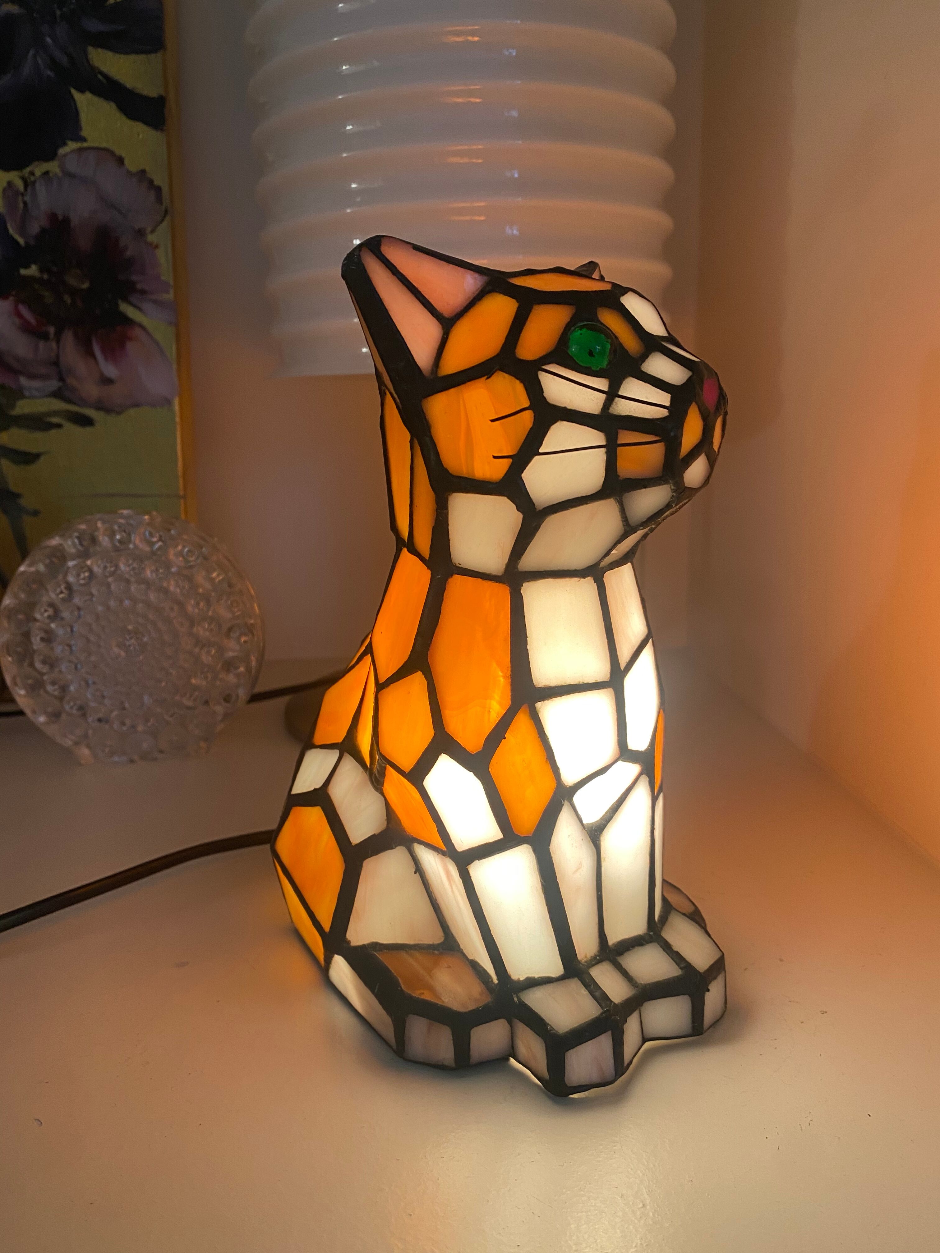 Vintage cat lamp in glass and metal