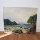 Tableau ancien promenade au bord de mer