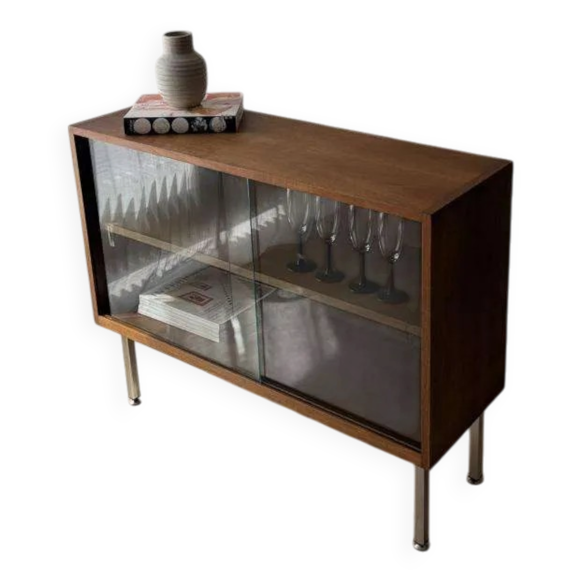 Walnut display cabinet from the 60s with smoked glass