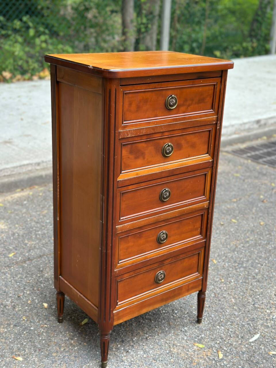 Louis XVI solid cherry wood chest of drawers with 5 drawers, 1980.