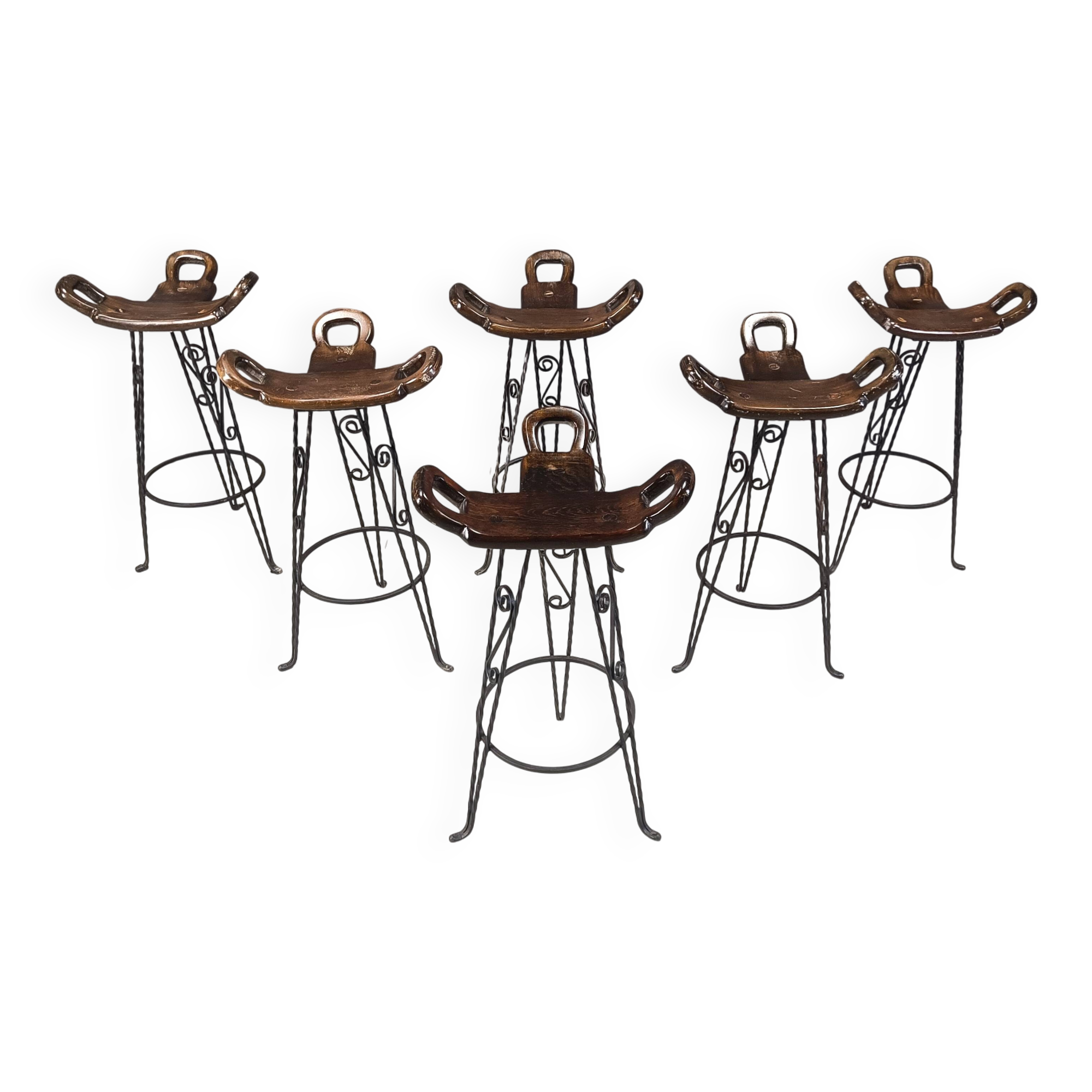Vintage spanish wrought iron bar stools, 1960s - set of 6