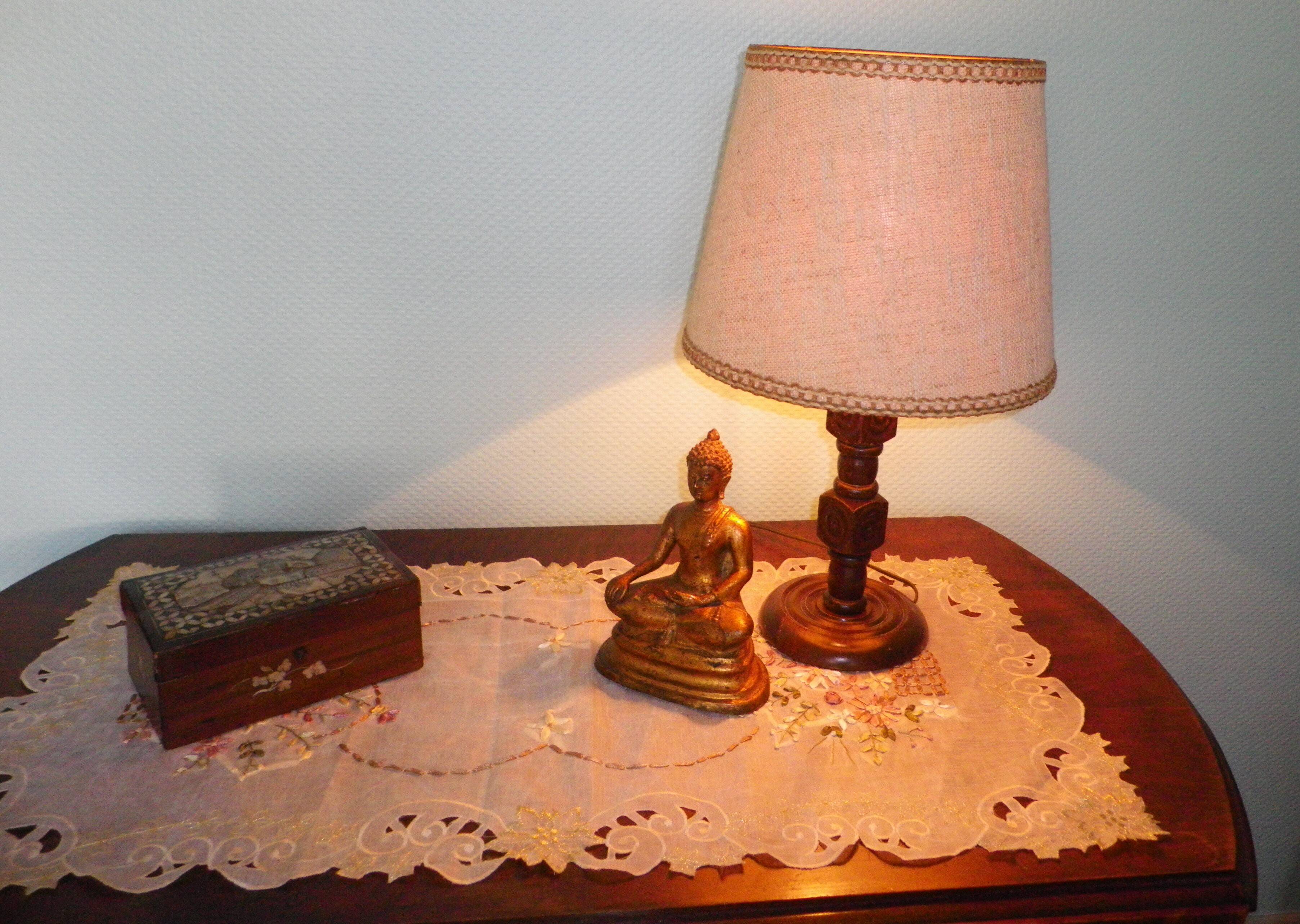 Wooden Desk Lamp with Geometric Design and Fabric Shade, France