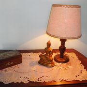 Wooden Desk Lamp with Geometric Design and Fabric Shade, France