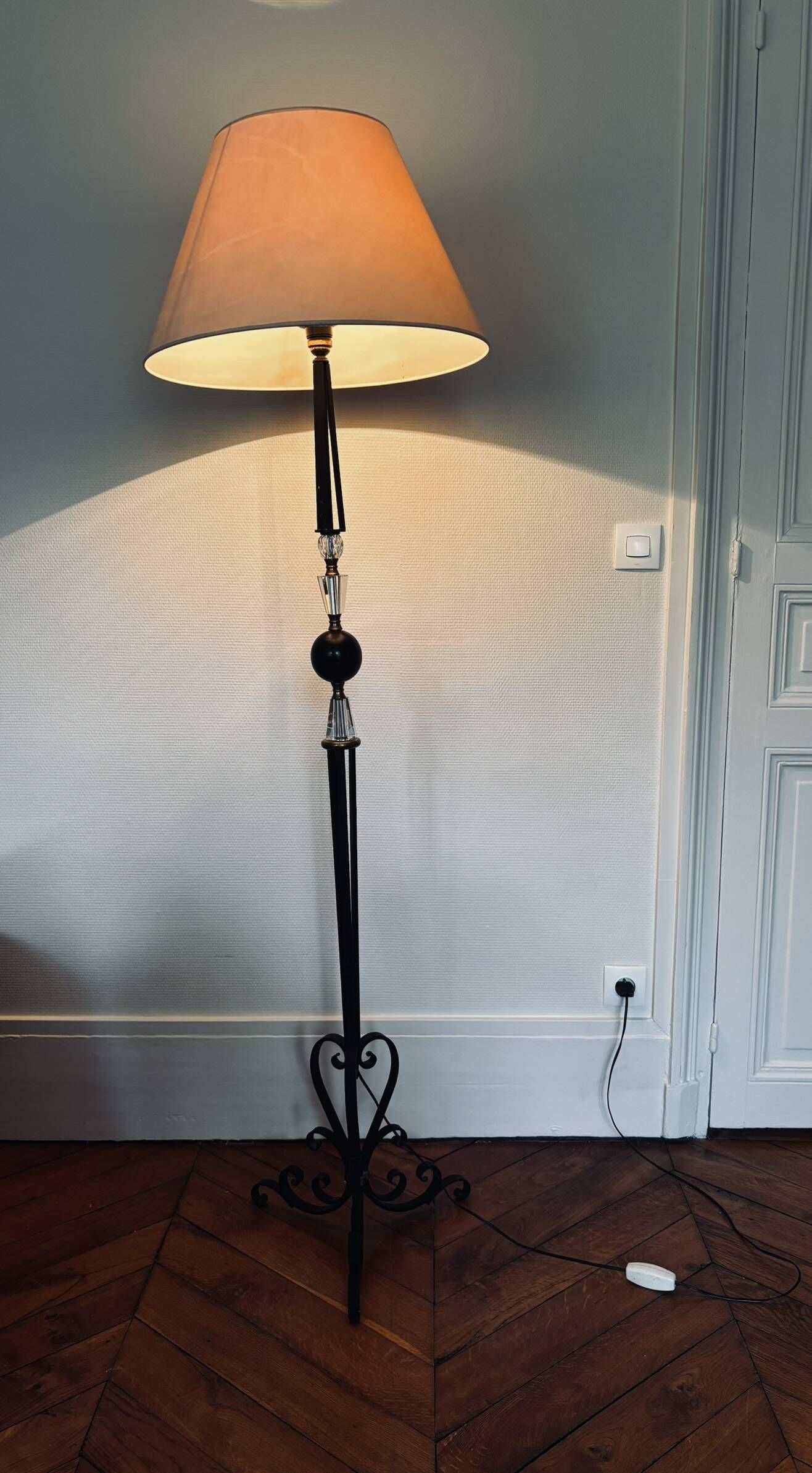 1950s floor lamp - wrought iron, gilded brass, and Sèvres crystal